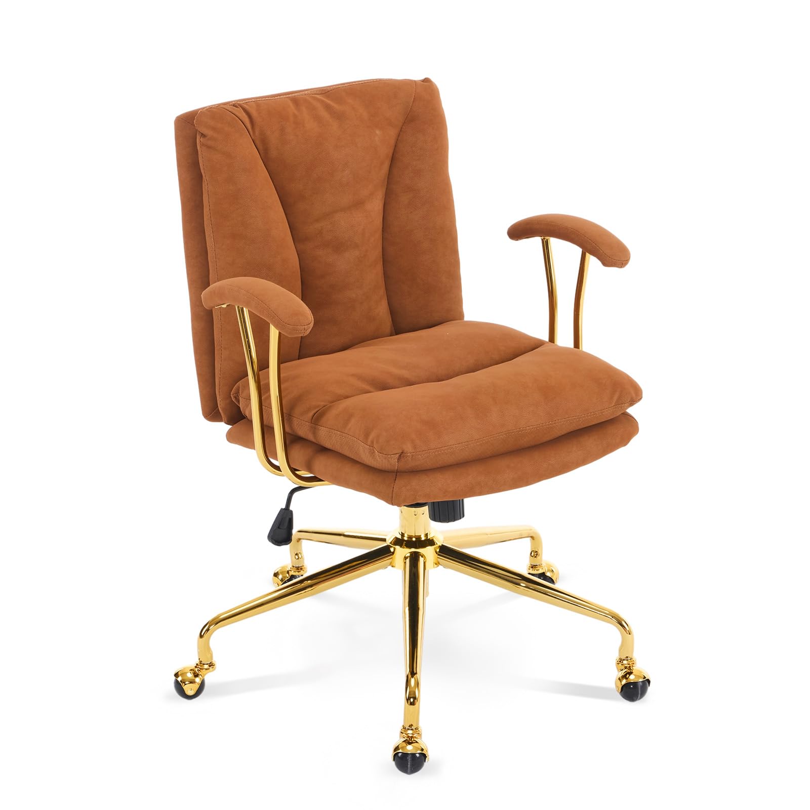 VINGLI Office Chair, Wingback Computer Desk Chair with Gold Metal Legs, Adjustable Swivel Task Chair with Padded Armrests, Ergonomic Home Office Chair for Bedroom Living Room, Suede Leather, Cognac