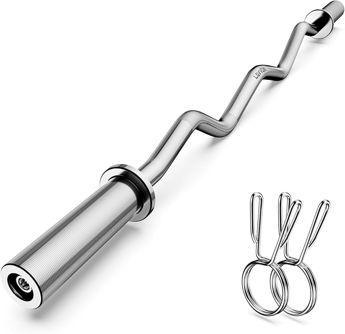 Barra olímpica EZ Curl de 47", barras de rizo de 2 pulgadas para levantamiento de pesas | Empujes de cadera, sentadillas, bíceps, gimnasio en casa, barra de rizo cromada para discos de pesas de 2 pulgadas, 2 collares de resorte (capacidad de peso de 500 lb)
