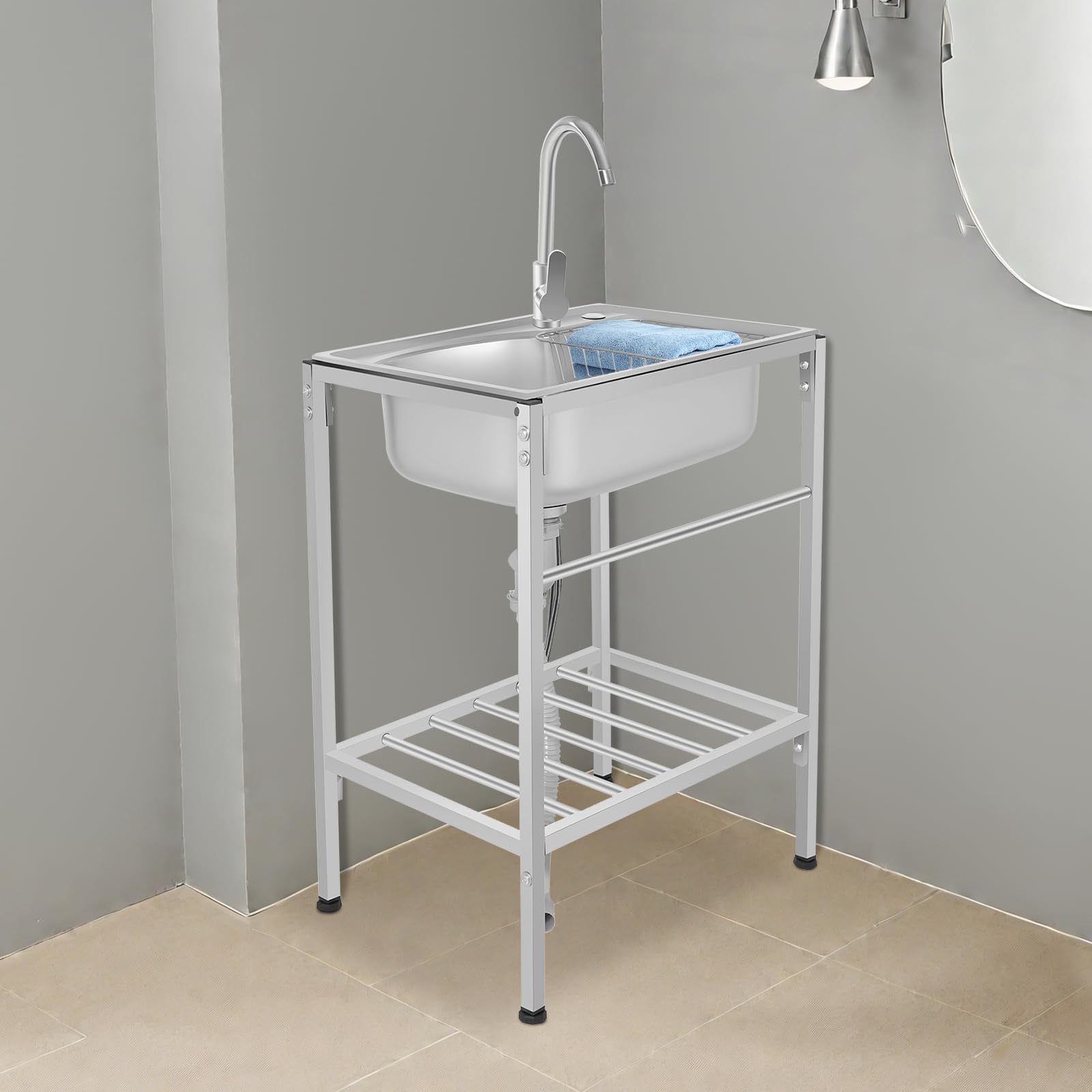 Lavabo indipendente in acciaio inox, 60 x 45 x 75 cm, 1 vasca, mobile per garage industriale, per esterni, giardino, campeggio, con rubinetto, scolapasta per lavanderia, garage, cortile