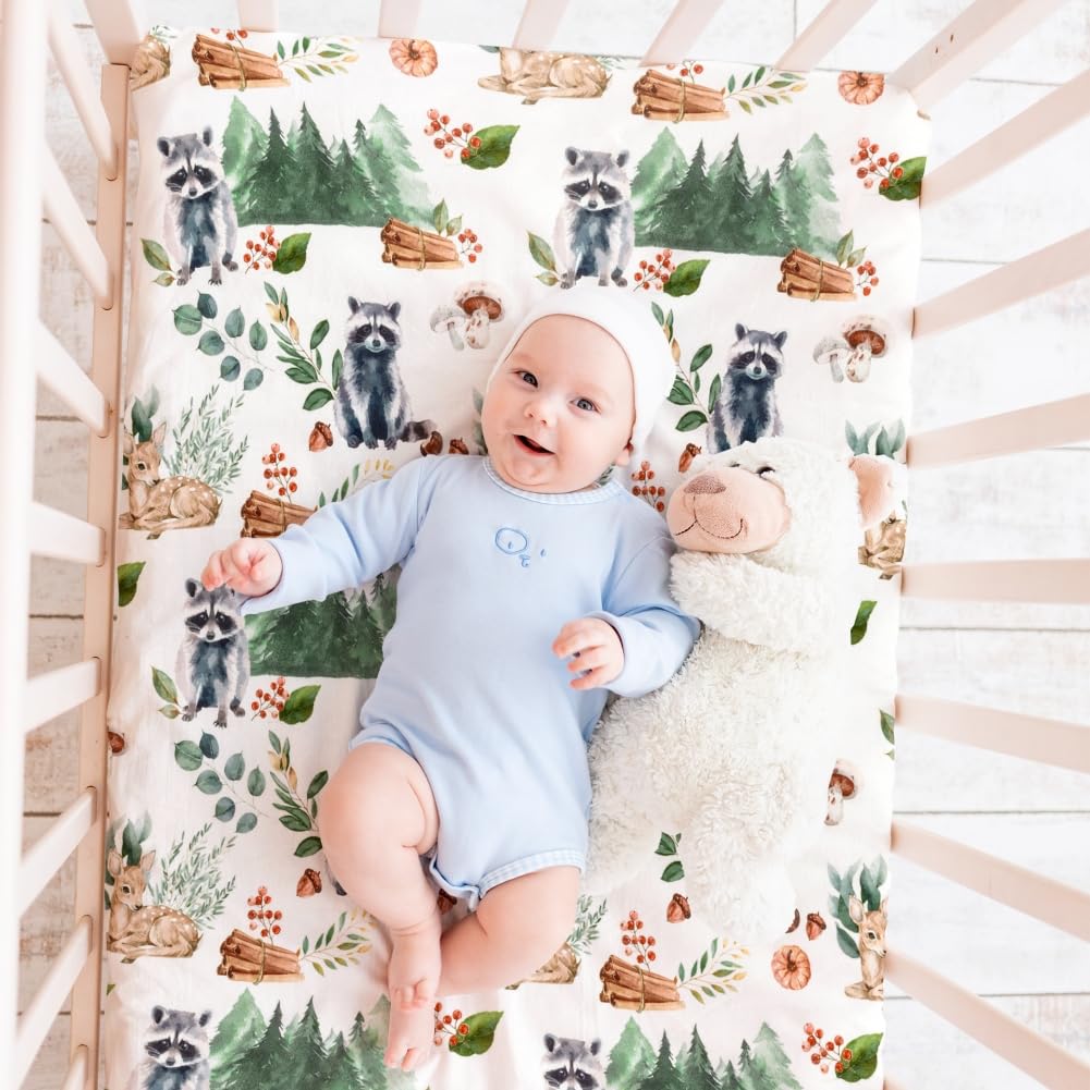 N Play - Juego de 4 sábanas bajeras unisex con diseño de animales del bosque del bosque, para bebés y niñas (mapache)