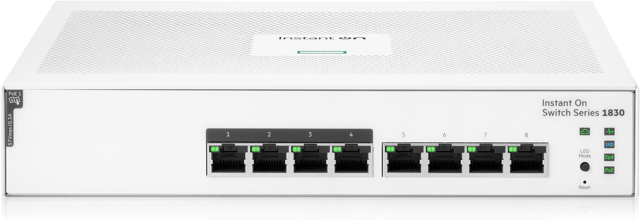 HPE Networking Instant On Switch Series 1830 8-Port Gb Smart-Managed Layer 2 Ethernet Switch with PoE | 8X 1G | 4X CL4 PoE (65W) | Fan-Less | US Cord (JL811A#ABA)
