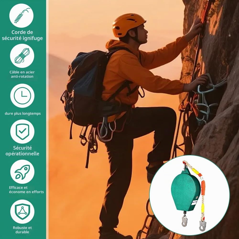 Ligne de vie auto-rétractable, ensemble de protection contre les chutes rétractable de 10 m, anti-chute de haute altitude, avec double structure de verrouillage, ligne de sauvetage rétractable