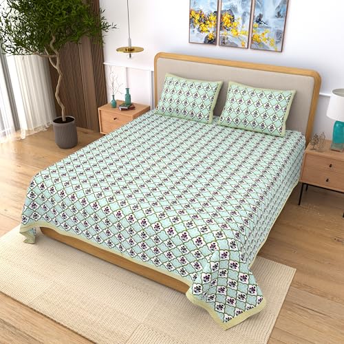 Image of India 100% Pure Cotton Jaipuri Printed Double Bedsheet with 2 Pillow Covers | Traditional Sanganeri Floral Design | Soft Breathable Fabric | King Size Bedsheet for Bedroom (Kaya57)