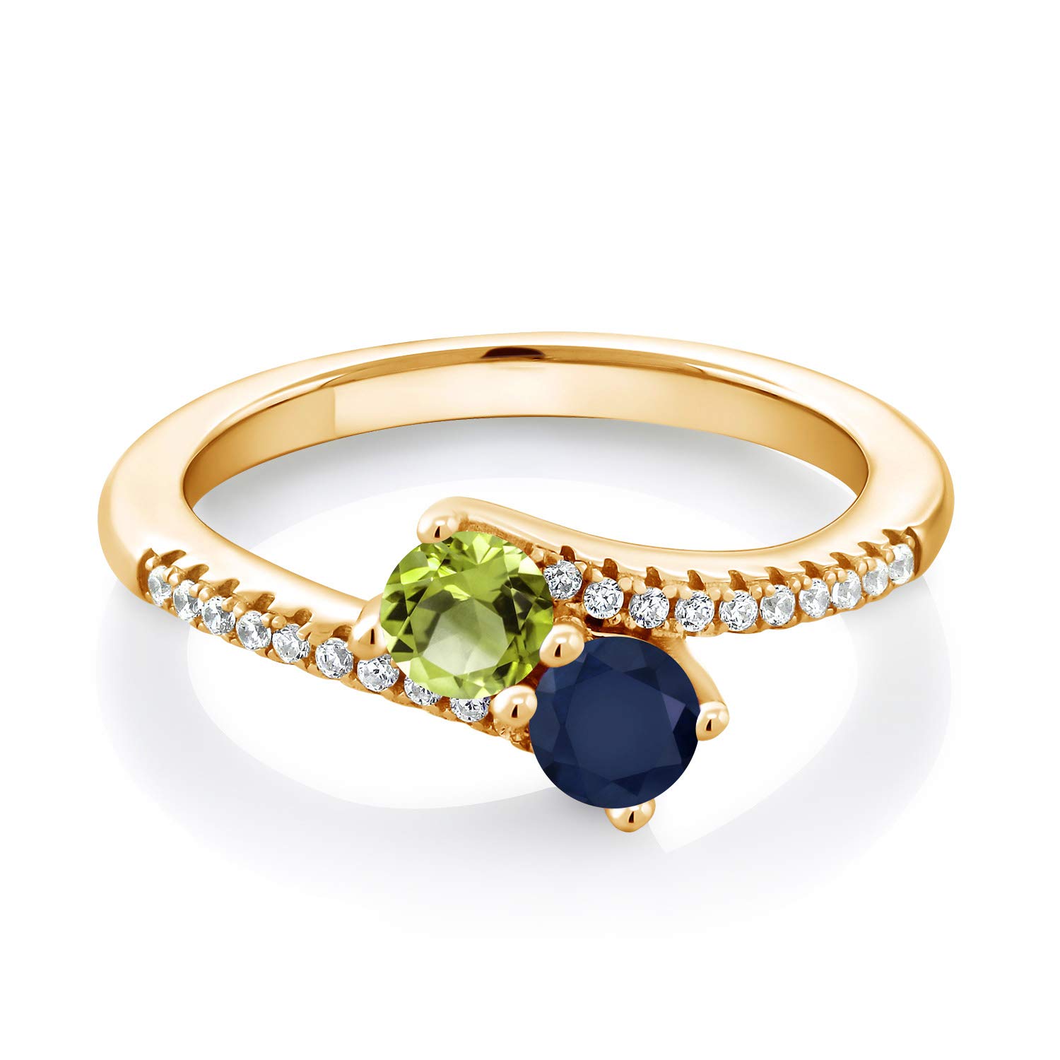 Gem Stone King 18K Yellow Gold Plated Silver Green Peridot and Blue Sapphire Bypass Ring For Women (0.89 Cttw, Gemstone August Birthstone, Round 4MM)