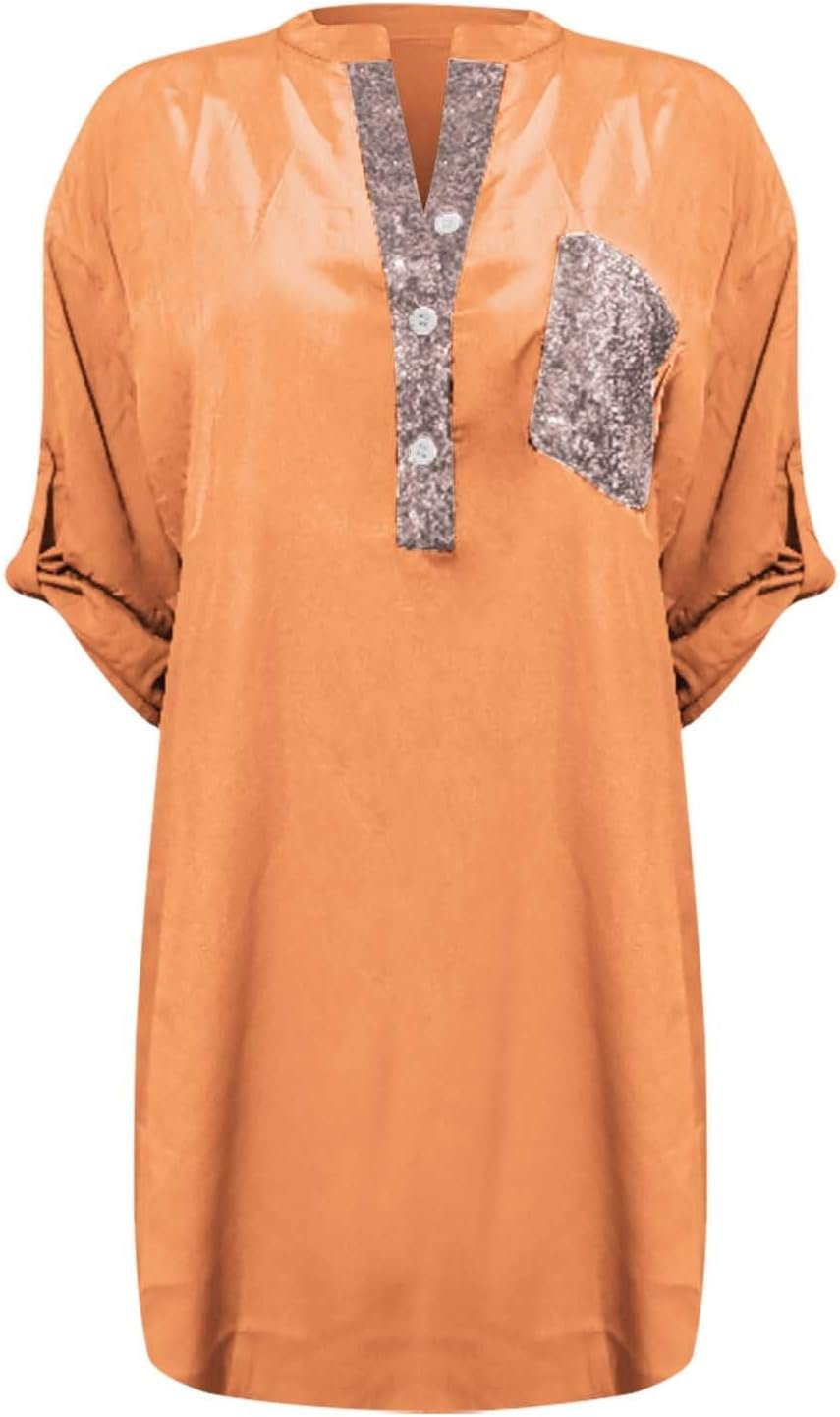 Women's Casual V Neck Collared Button Up Henley Blouse Top Solid Summer Tee Long Rolled Button Down Shirts for Women