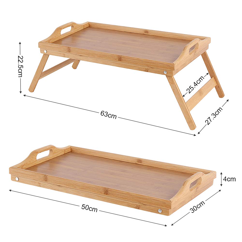 Plateau de lit pliable en bambou avec poignées, plateau de service portable pour petit déjeuner au lit ou ordinateur portable, idéal pour la maison et le bureau, 63 x 27,3 x 22,5 cm
