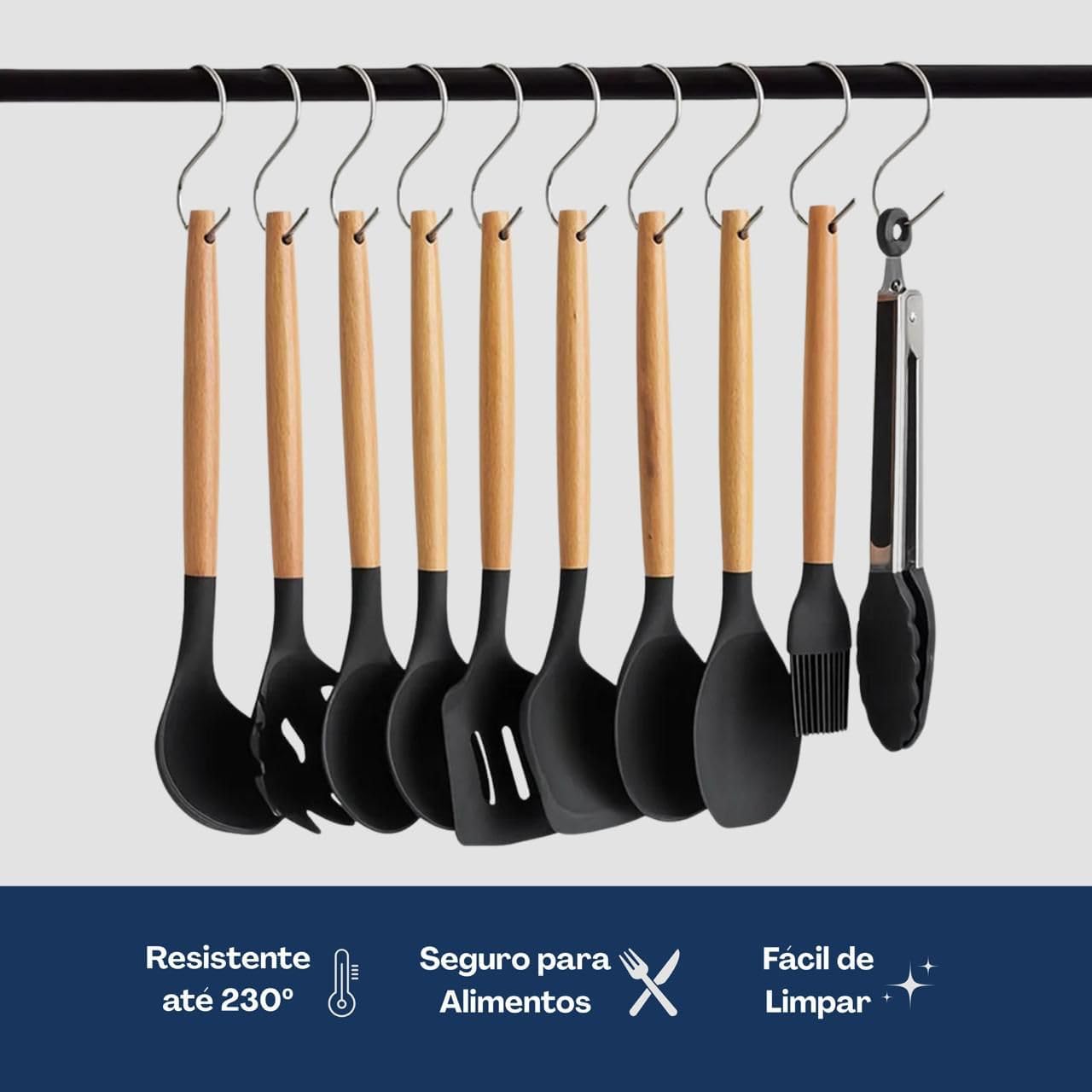 Kit 12 Utensílios De Cozinha Em Silicone E Cabo De Madeira Jogo De Utensílios Resistente ao Calor Antiaderente Premium — vista frontal sobre fundo cinza claro uniforme com faixa azul escura na parte inferior contendo ícones e texto promocional em português. Kit 12 Utensílios De Cozinha Em Silicone E Cabo De Madeira Jogo De Utensílios Resistente ao Calor Antiaderente Premium — vista frontal sobre fundo cinza claro uniforme com faixa azul escura na parte inferior contendo ícones e texto promocional em português.