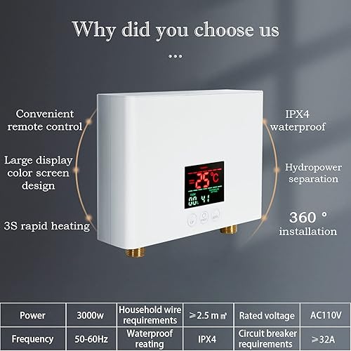 Miniatura 3 de Mini calentador de agua caliente sin tanque de 3000 W para debajo del fregadero, sistema de calefacción termostático de lavado de 110 V con control