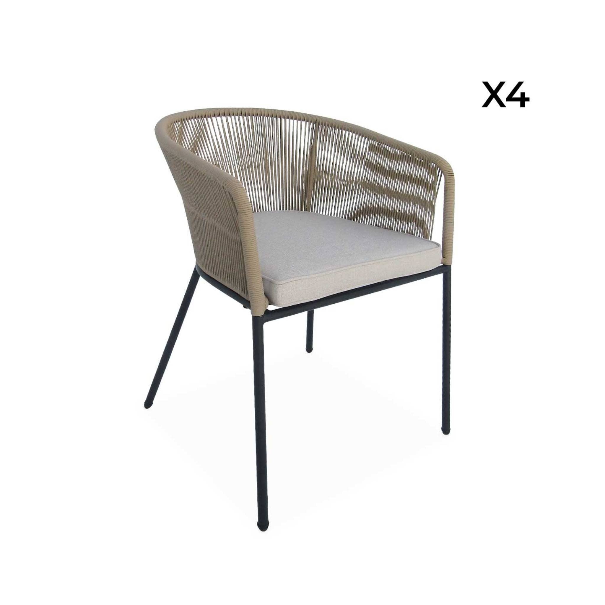 Alice's Garden - Lot de 4 fauteuils de Jardin en Corde Beige et Acier galvanisé. Coussin Beige