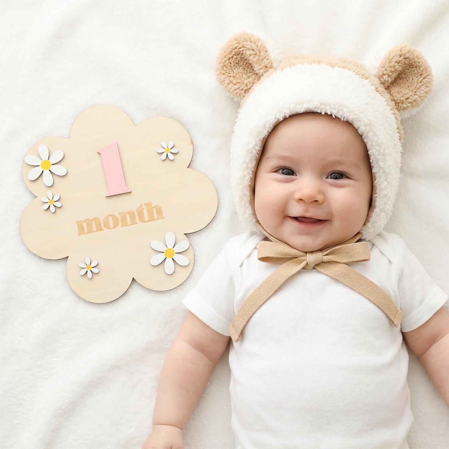 Wooden Daisy Baby Monthly Milestone Sign, 1-12 Months Milestone Cards with Interchangeable Numbers, Newborn Monthly Photo Props for Nursery Decoration, Baby Announcement Sign