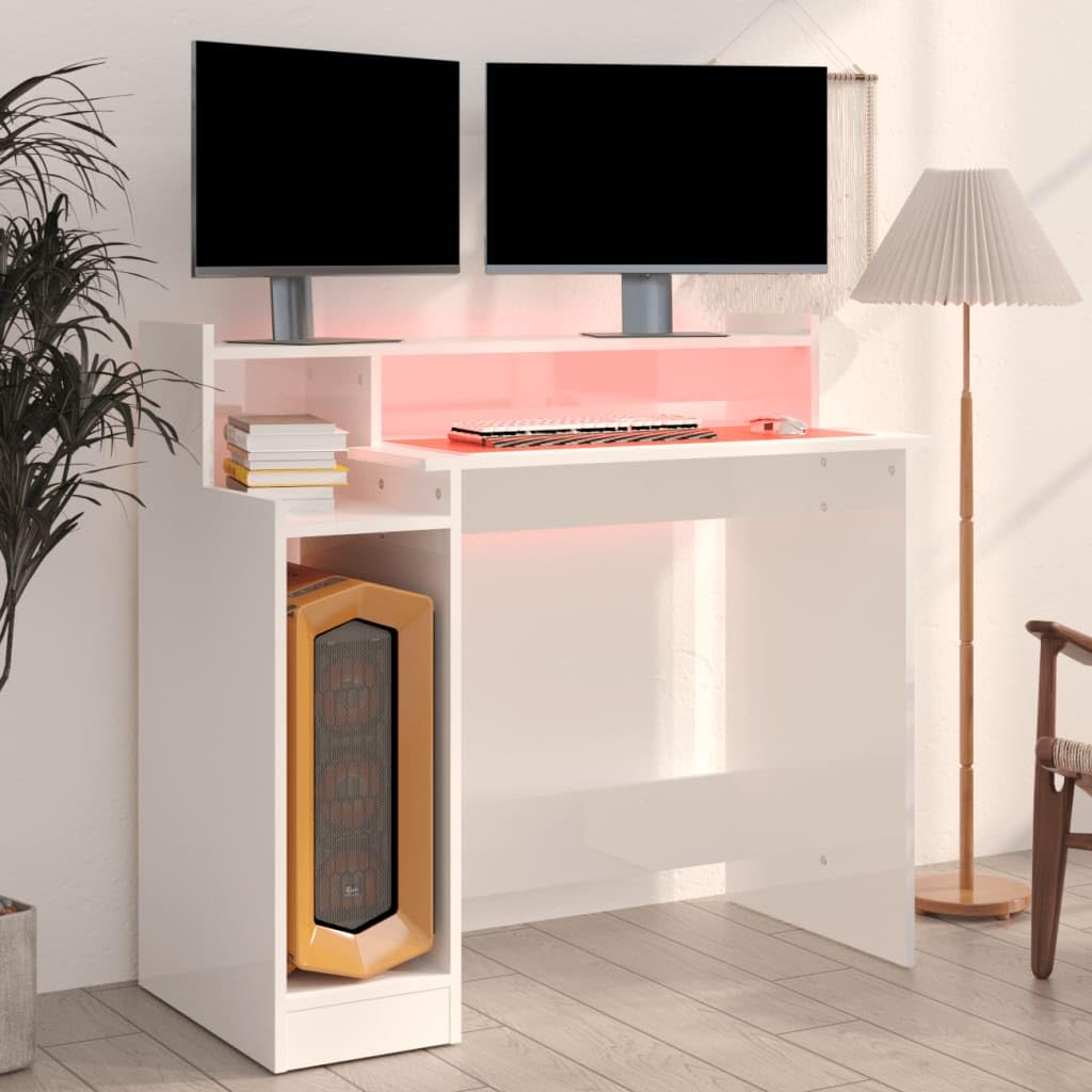 Bureau en Bois d'ingénierie Blanc Brillant avec éclairage LED intégré 97x45x90cm pour Ordinateur, étude, Gaming, Meuble de Travail, Design Pratique et Ambiance Moderne