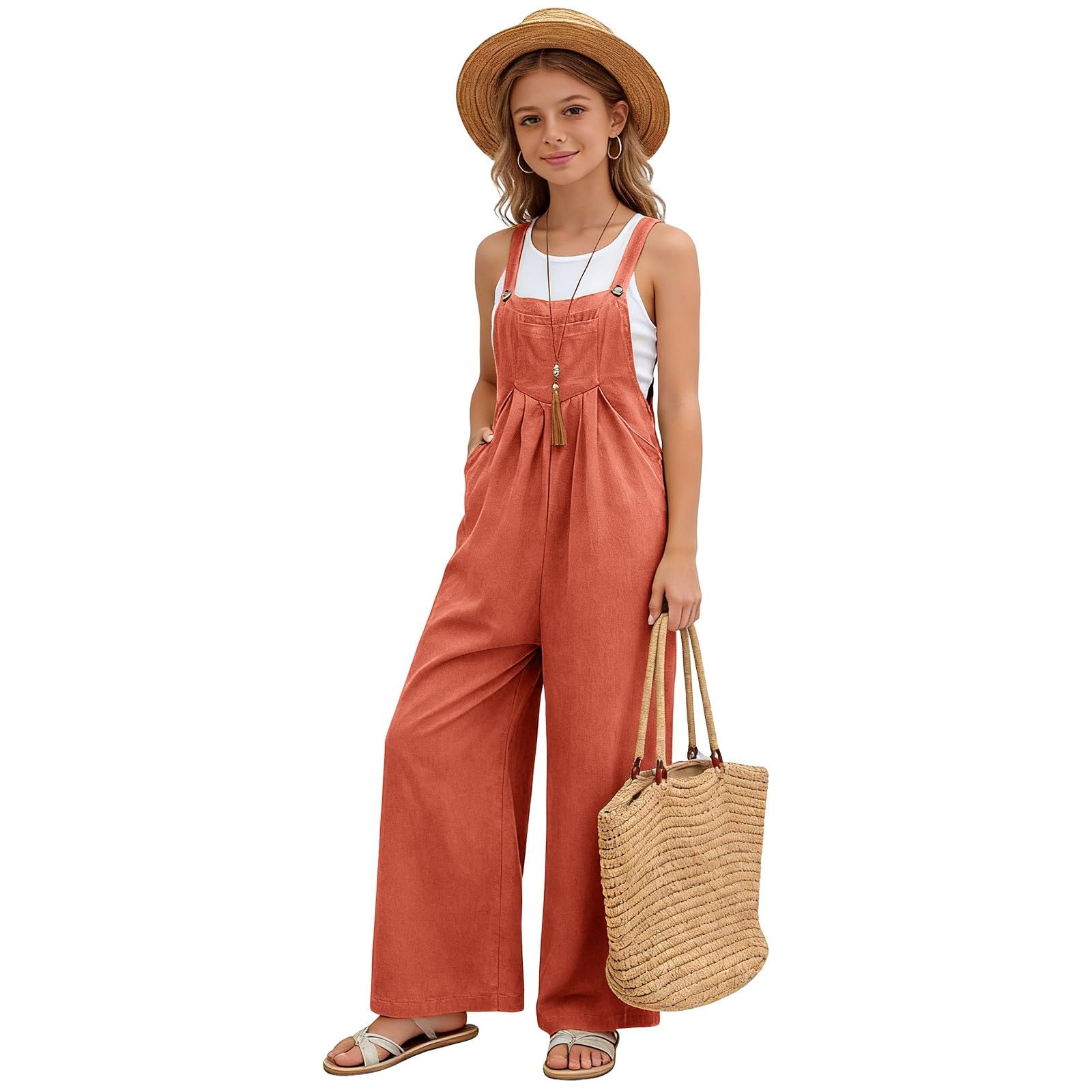 Latzhose Kinder Mädchen Ärmellos Baggy Leinen Jumpsuit Bequeme Casual Playsuit mit Träger Atmungsaktive Wide Leg Overall Einfarbig Mode Weich Sommerhose