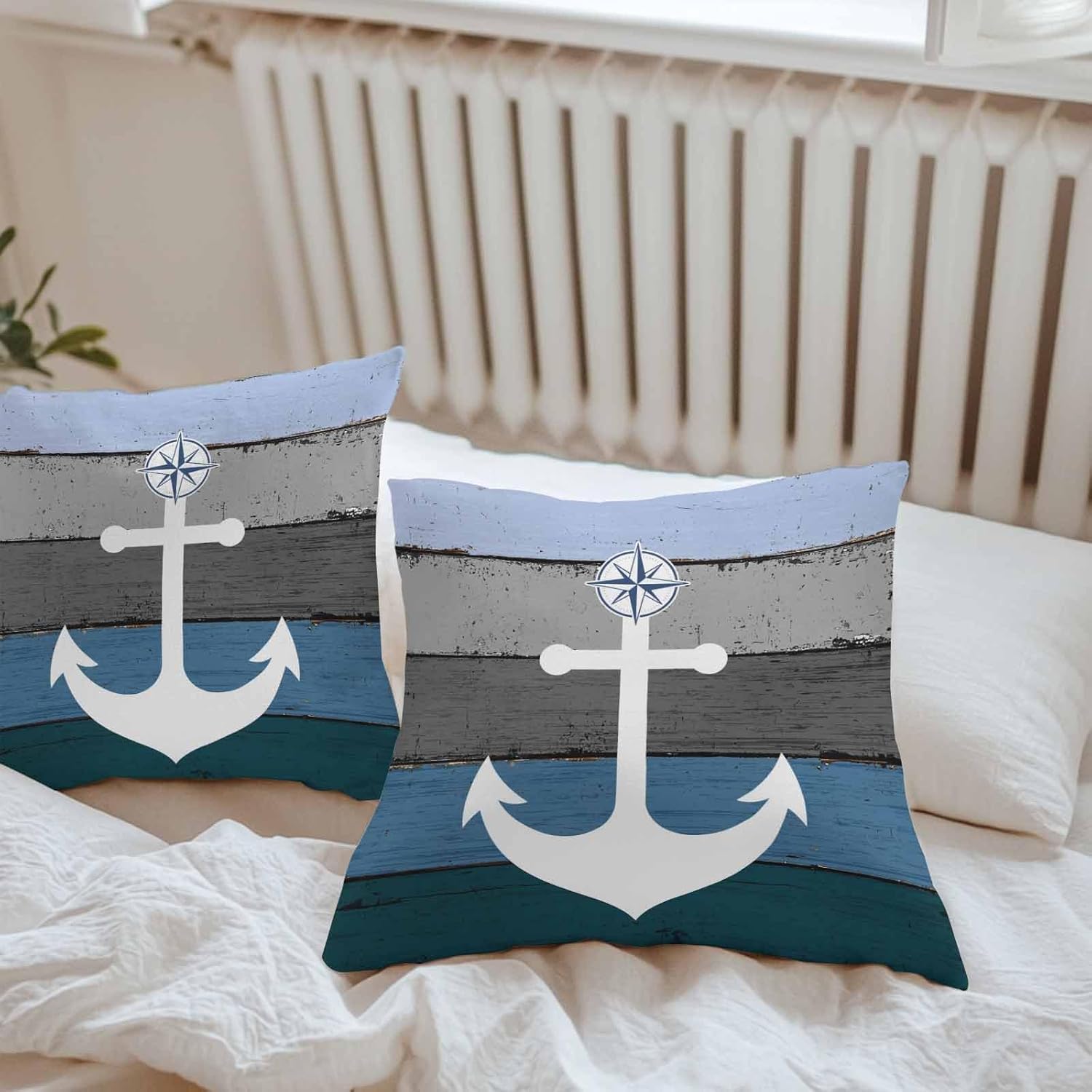 Chucoco Waterproof Pillow Covers for Couch Throw Pillow Cases Set of 2,Nautical White Anchor Decorative Cushion Pillow Covers 18x18In,Indoor Outdoor Decoration Vintage Blue Grey Farm Wood Plank