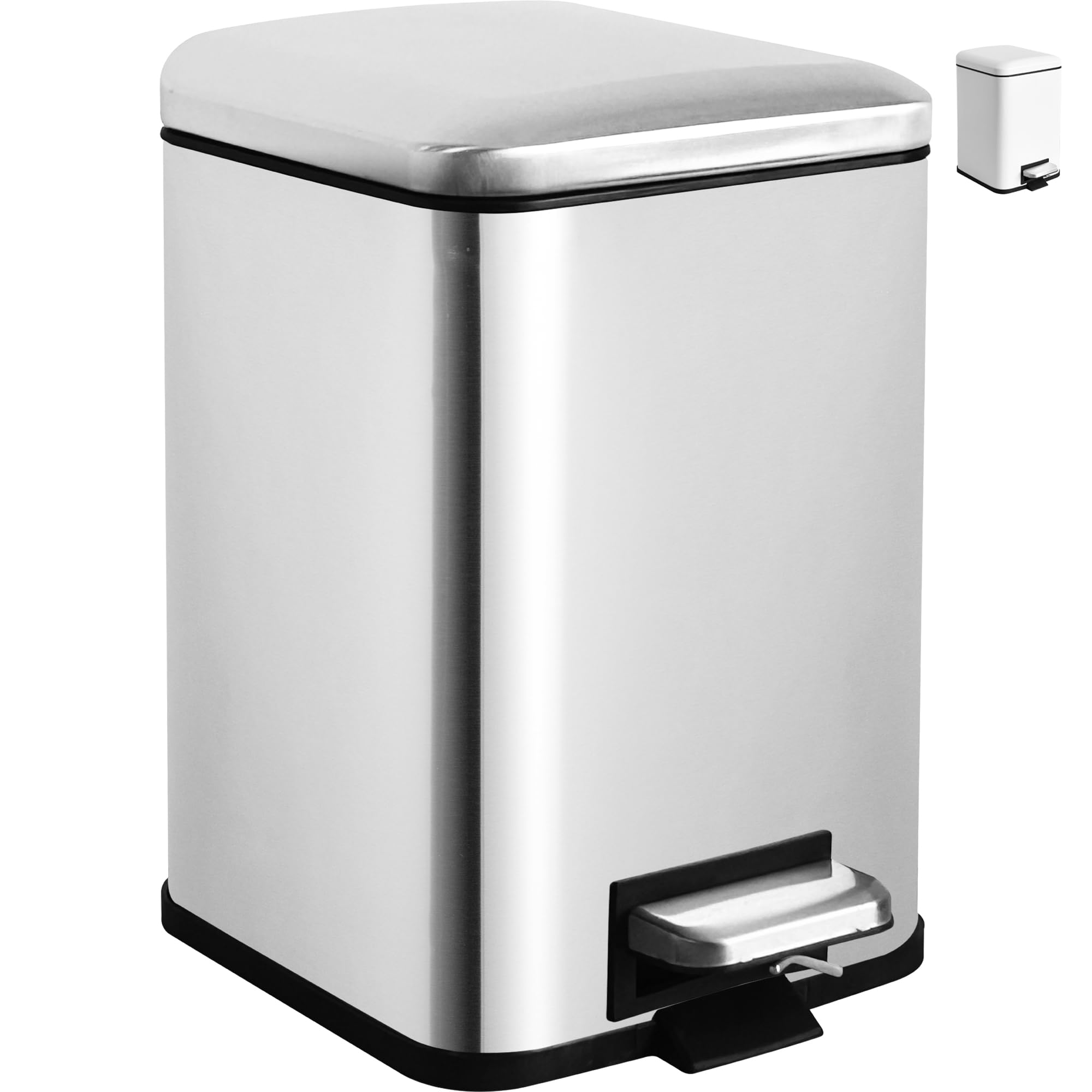 Ullege Bathroom Bin, 6L Trash Bin with Soft Close Lid, 6 Litre Stainless Steel Pedal Bin with Inner Bucket, Square Rubbish Bin for Small Rooms, Silver (SILVER, 6L)