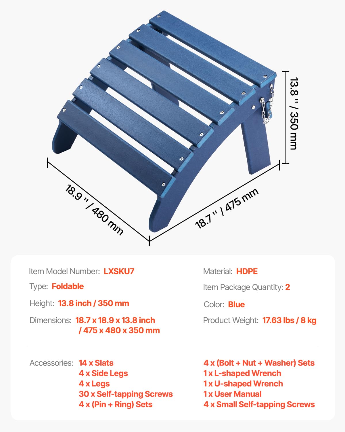 VEVOR 2 PCS Reposapiés Adirondack Plegable de Plástico HDPE 475 x 480 x 350 mm, Reposapiés Adirondack Resistente a la Intemperie para Silla Adirondack para Porches Exteriores, Césped, Patios, Azul