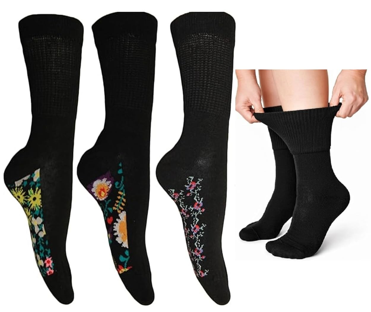 Onlybee Women's Black Extra Wide Diabetic Floral Design Socks 3 Pairs