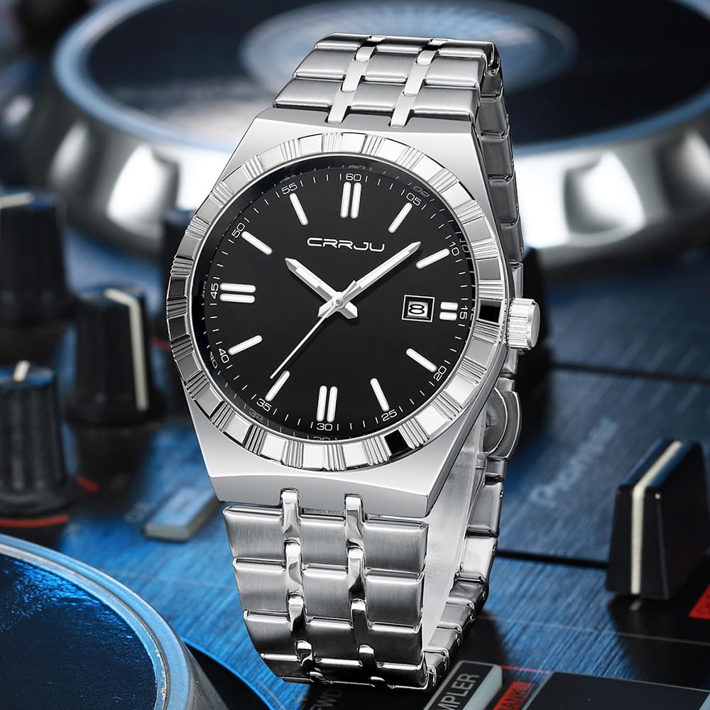 CRRJU Watches for Men,Fashion Luxury Luminous Analog Quartz Wristwatches,Business Man Calendar Watches Silver - 4