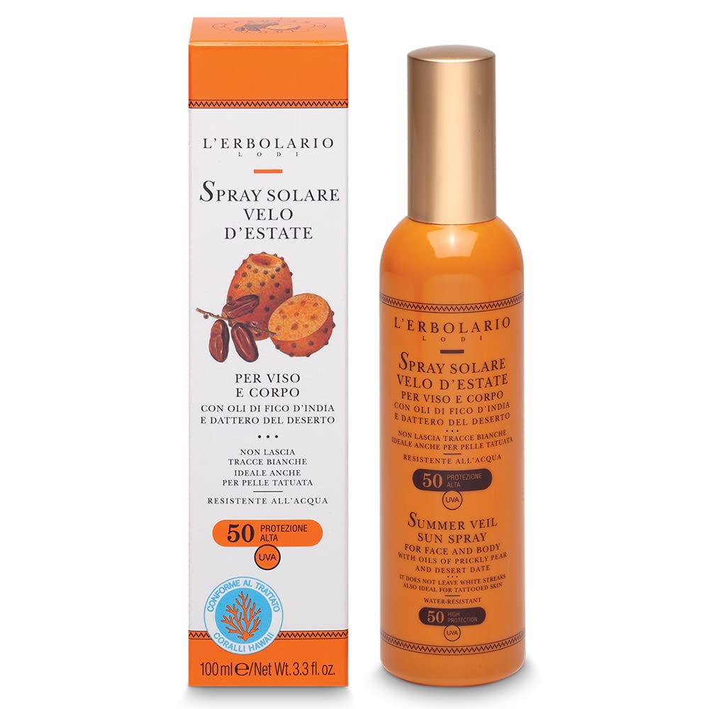 2x - L' Erbolario - Spray Solare VELO D'ESTATE SPF 50-100 ml - Protezione alta per viso corpo 100 ml Con oli di Fico d'India e Dattero