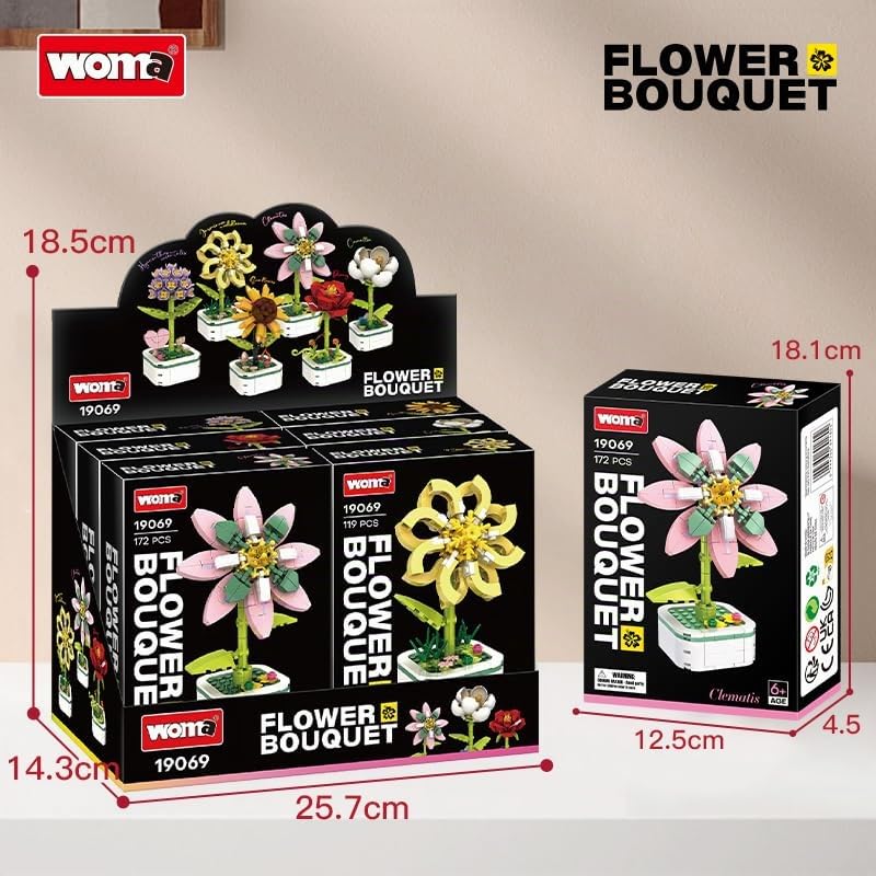 WOMA 19069 Racimos de Flores en Maceta (172/119/130/122 Piezas), 6 Plantas en Maceta Diferentes, Regalo de decoración para el hogar