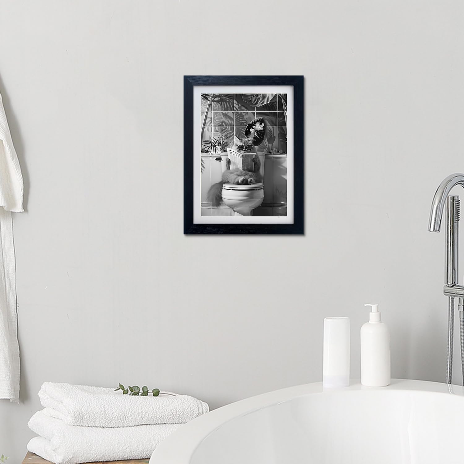 Cat Bathroom Wall Art Black And White Bathroom Pictures Wall Decor Framed Funny Cat Reading Newspaper On Toilet Print Artwork
