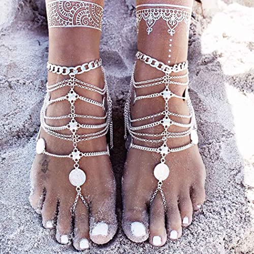 Olbye Silver Barefoot Sandals Foot Chain Jewelry Coin Anklet Bracelet For Women And Girls Beach Wedding Foot Jewelry Pack Of 2 (Silver) #TOP2