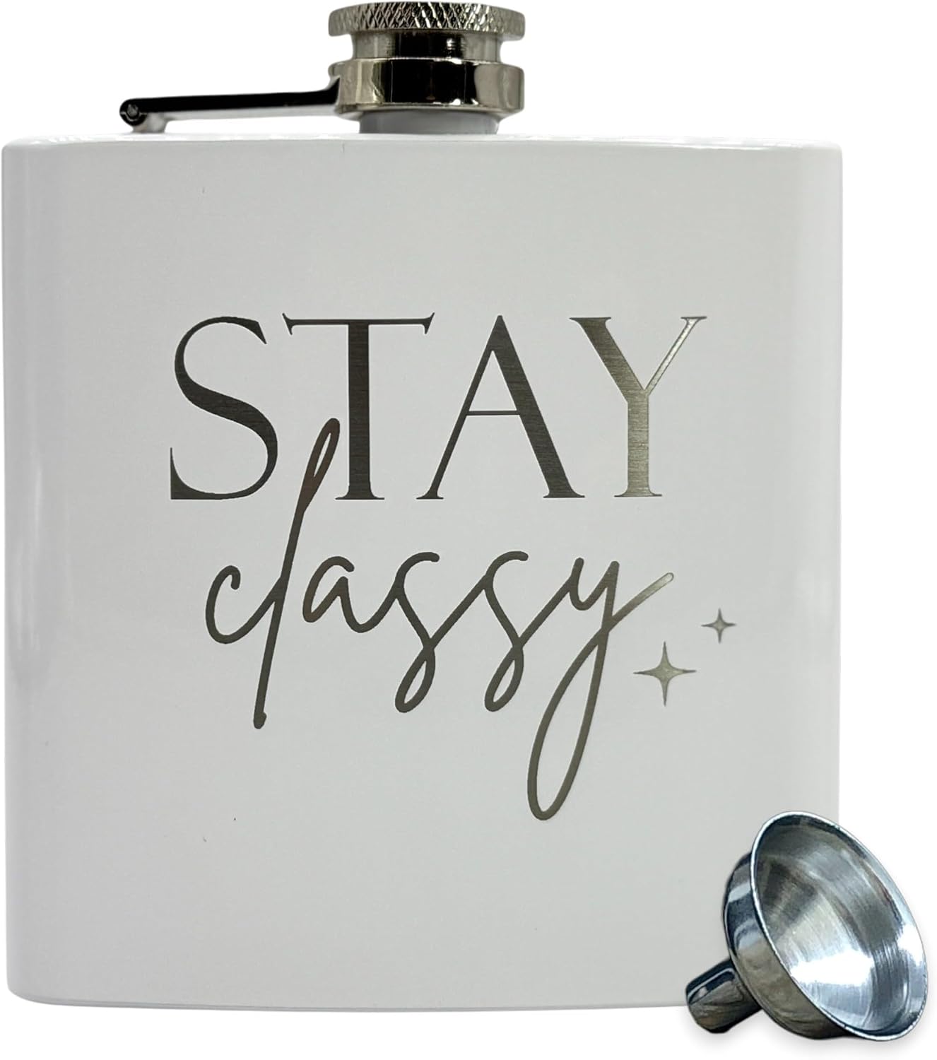 6 oz Stainless Steel Hip Flask for Women, White Engraved “Stay Classy”, Includes Funnel