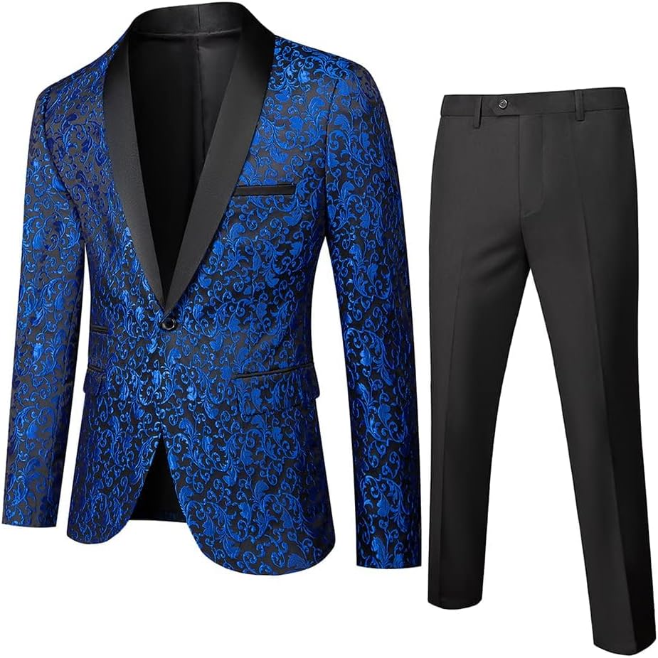 Cloudstyle Mens 2 Piece Floral Jacquard Dress Suit Set 1 Button Print Dinner Jacket Pants