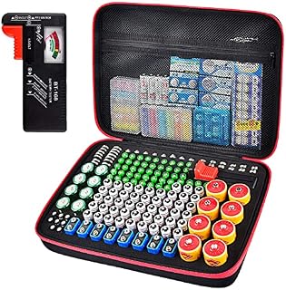 Battery Storage Organiser, 200+ Batteries Organizer Holder Box Case with Tester BT-168. Garage Containers Holds AA AAA C D Cell 9V 3V Lithium LR44 CR2 CR1632 CR2032 Button Batteries (Red)