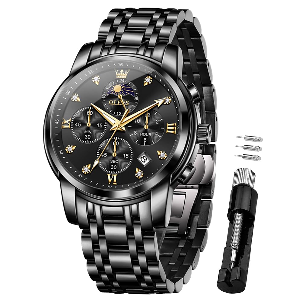 OLEVSFashion Analog Quartz Watch for Man Green Dial Calendar Luxury Stainless Steel Wrist Watches Two Tone Waterproof Luminous Mens Watch