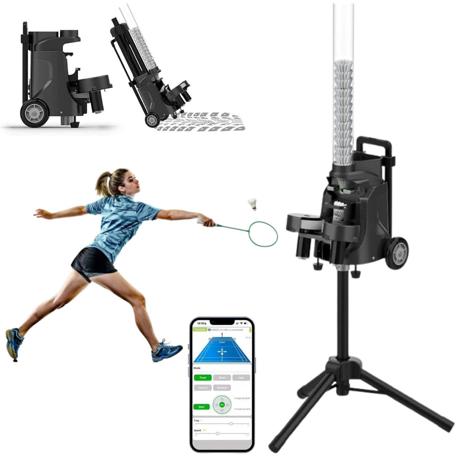 Máquina automática de servir bádminton con trípode, controlada por aplicación para una frecuencia de servicio ajustable, ideal para entrenamiento en interiores y exteriores