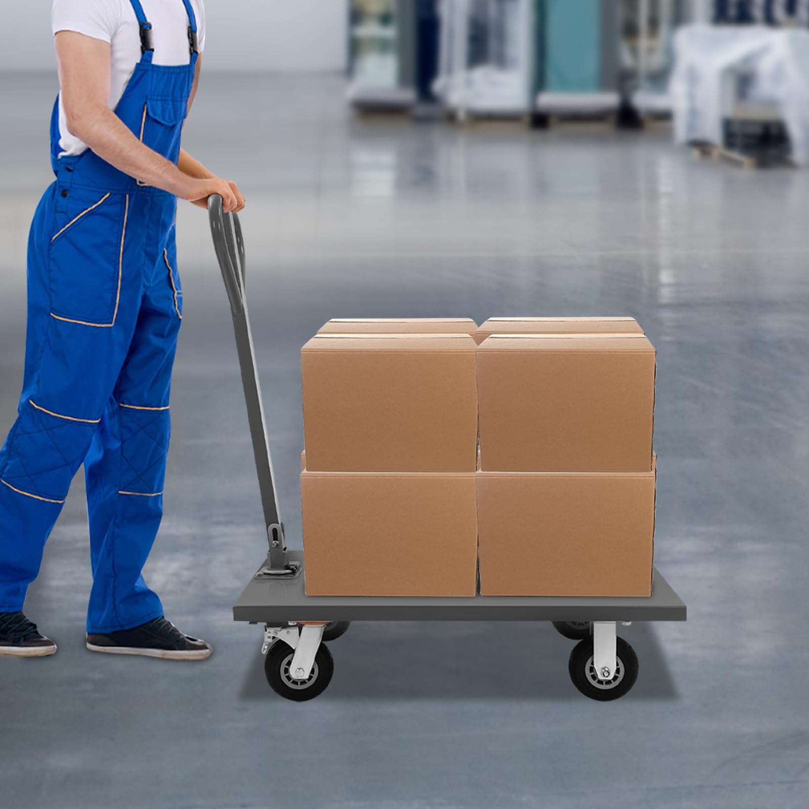 WUSILILU 2000 lbs Industrial Flat Dolly Cart with 360 Degree Swivel Handle, 36 * 24in Heavy Duty Platform Cart, 2 Wheels with Brakes, Flatbed Hand Truck for Hotel, Banquet Hall, Wedding, Event