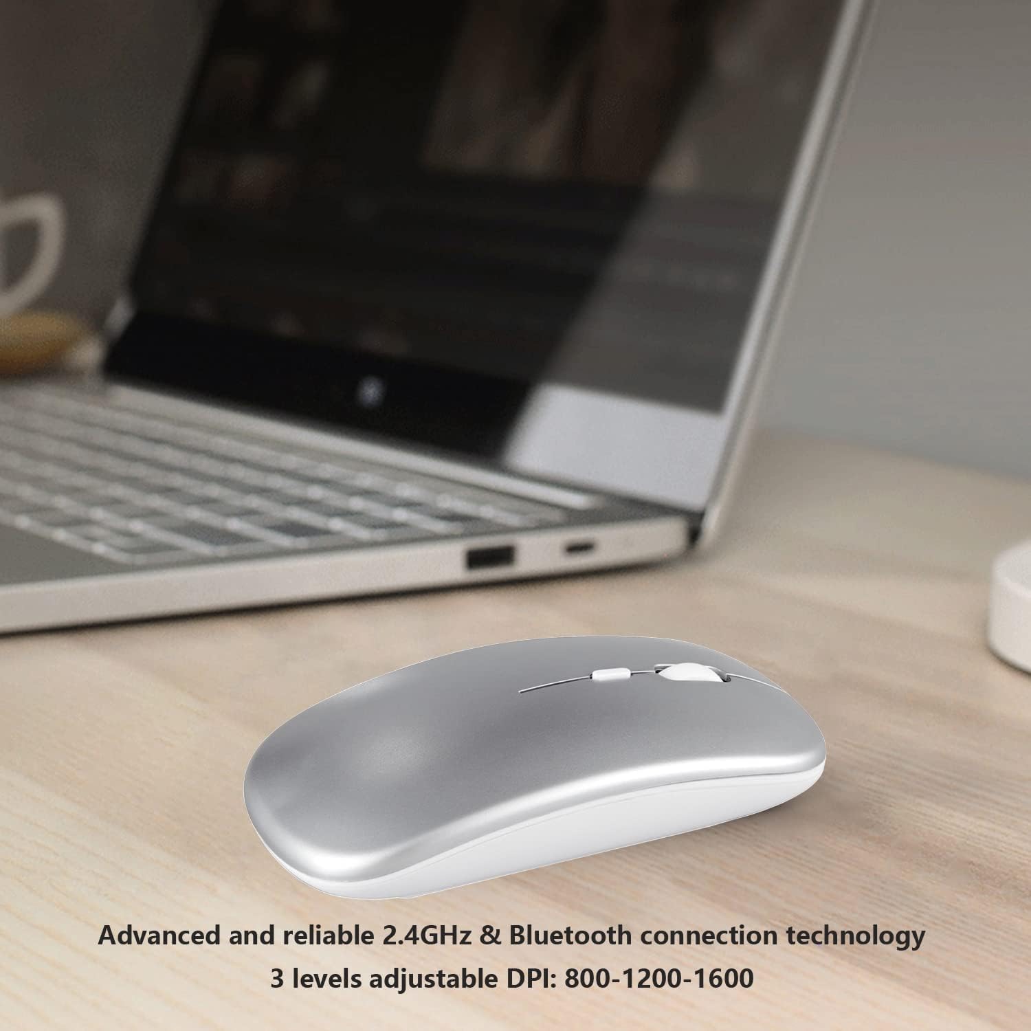 Xukinroy M660 mouse on a desk next to a laptop, highlighting 3 levels of adjustable DPI.