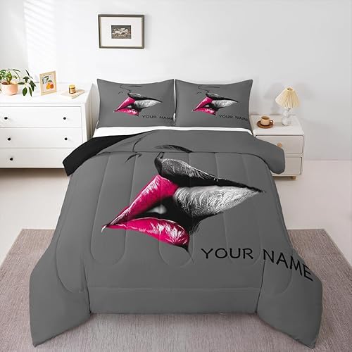 Erosebridal Juego de edredón de labios personalizado con estampado 3D individual, juego de ropa de cama con diseño de labios rosas y grises, regalo