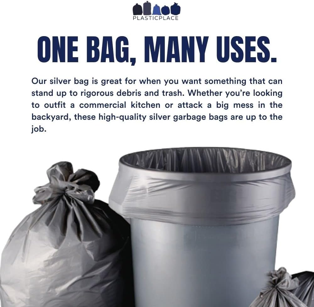 Plasticplace 32-33 Gallon Trash Bags │ 1.5 Mil │ Silver Garbage Can Liners │ 33’” x 39” (100 Count)