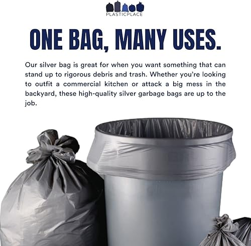 Miniatura 3 de Plasticplace Bolsas de basura de 32-33 galones │ 1.5 mil │ Revestimientos plateados para botes de basura │ 33 pies x 39 pulgadas (100 unidades)