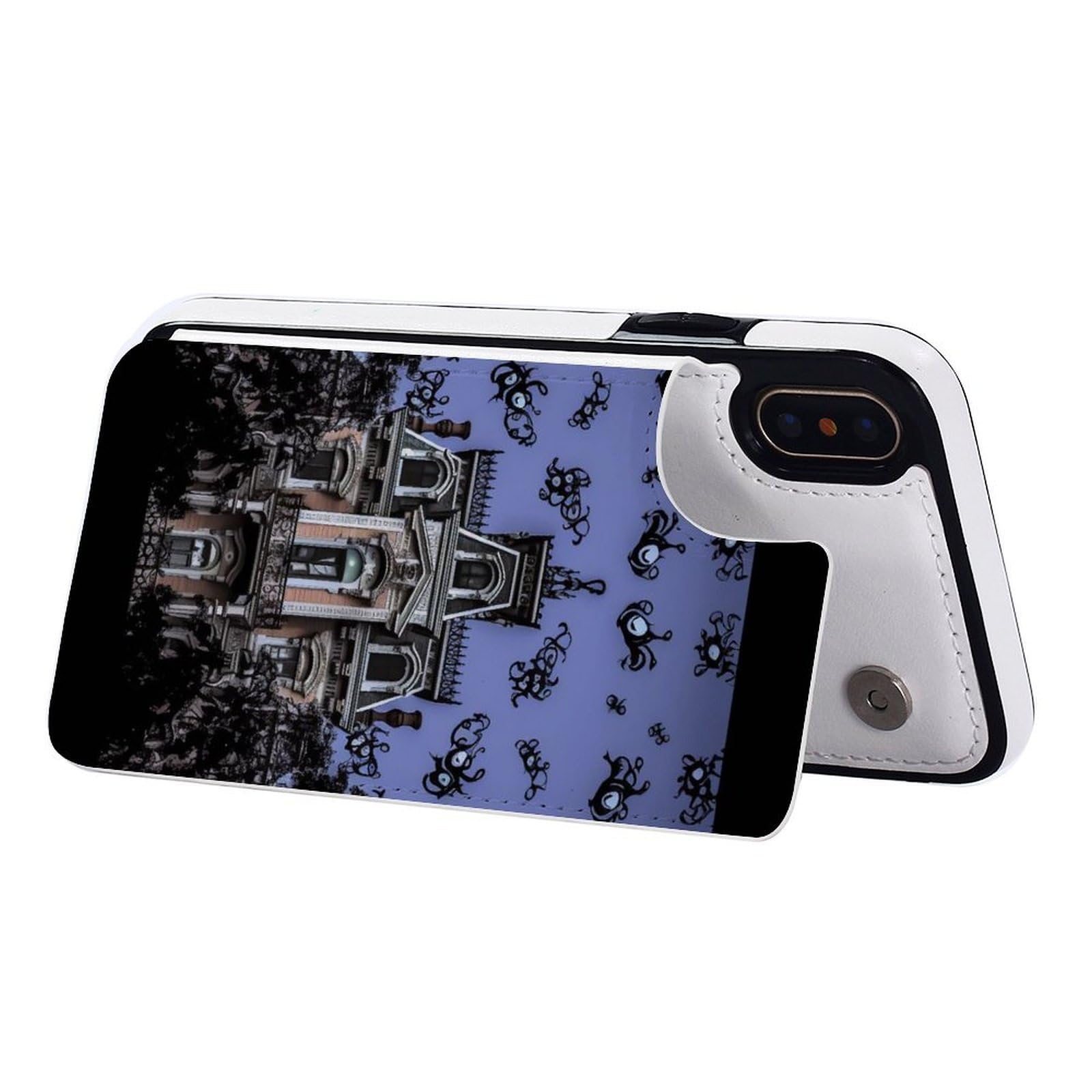Etui portfelowe na iPhone'a X/XS, Haunted The Mansion nadruki skórzane etui na telefon z klapką z przegródkami na karty