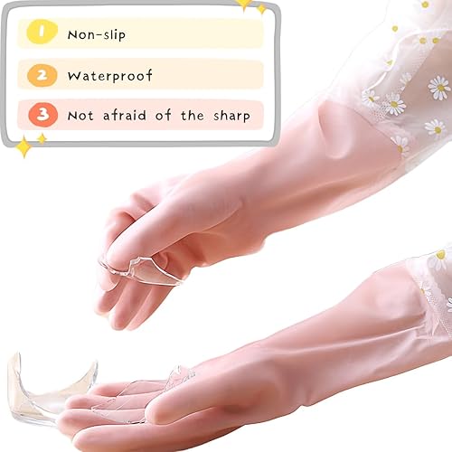 Miniatura 5 de 3 pares de guantes de goma reutilizables para limpieza del hogar con puño largo, guantes impermeables para el hogar para lavandería y cocina