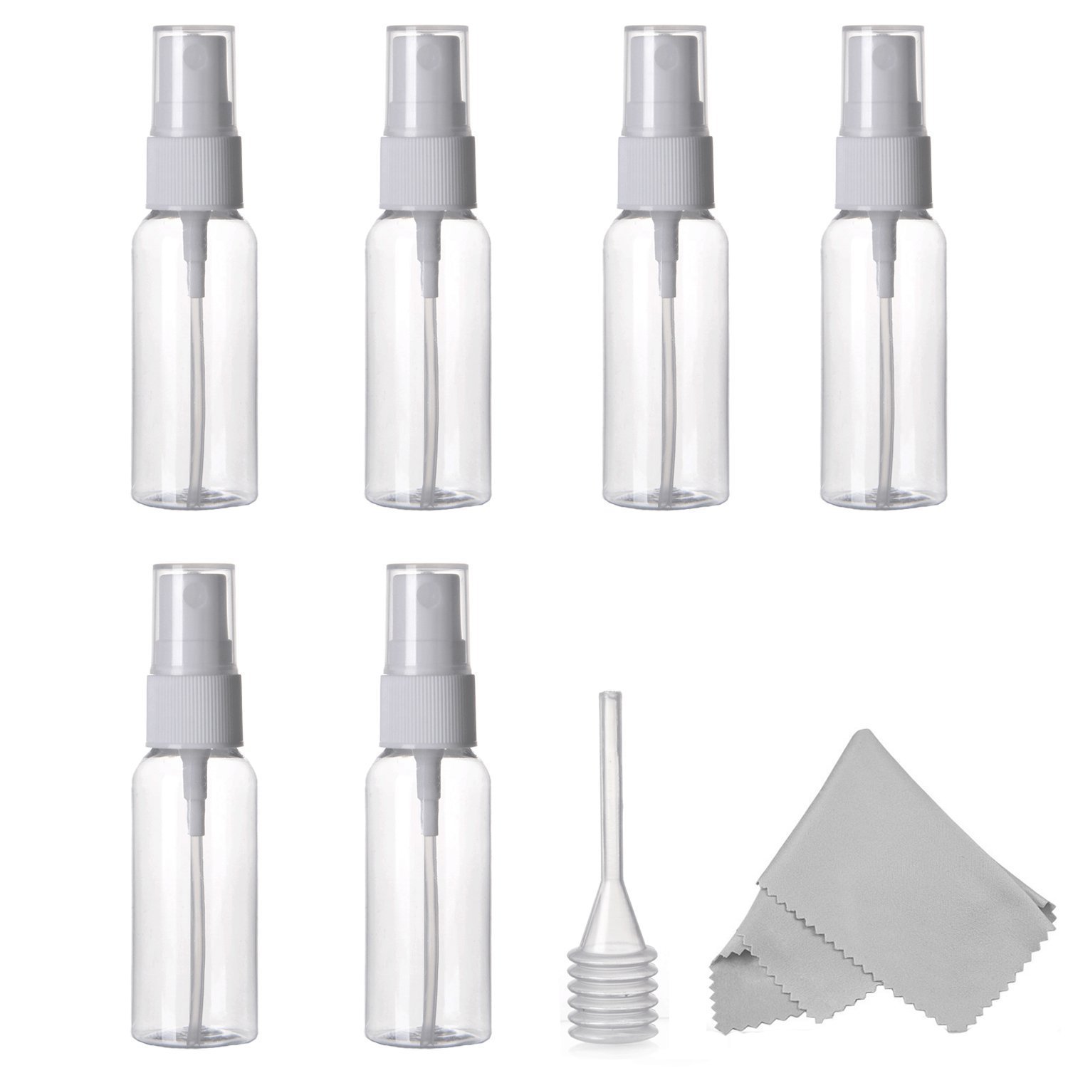 ALINK60ml /2 oz. Spray Bottles, Empty Plastic Clear Small Travel Bottles With Fine Mist Sprayer for Cleaning Solutions and Essential Oils, Pack of 6 Plus Cleaning Cloth and Dropper