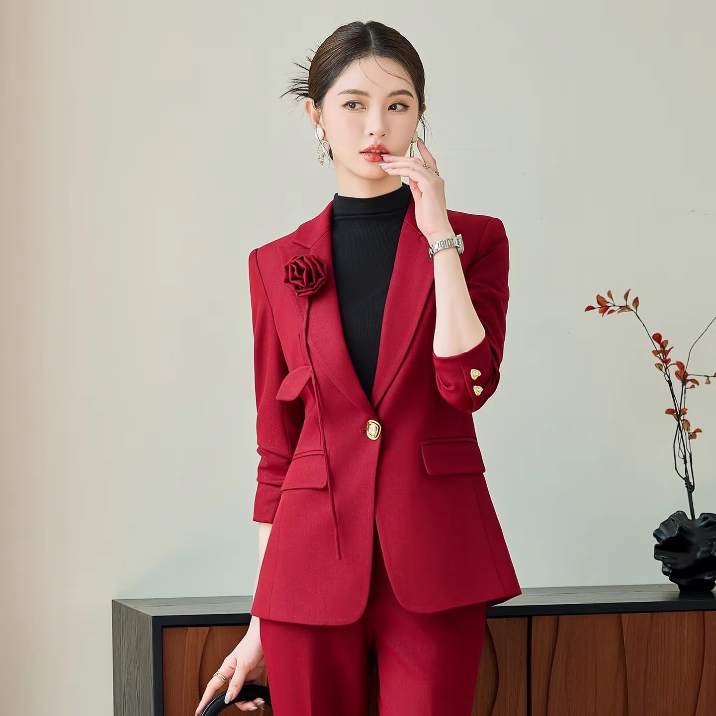Women's Solid Color Blazer Pants Set Office Business Formal Work Suit