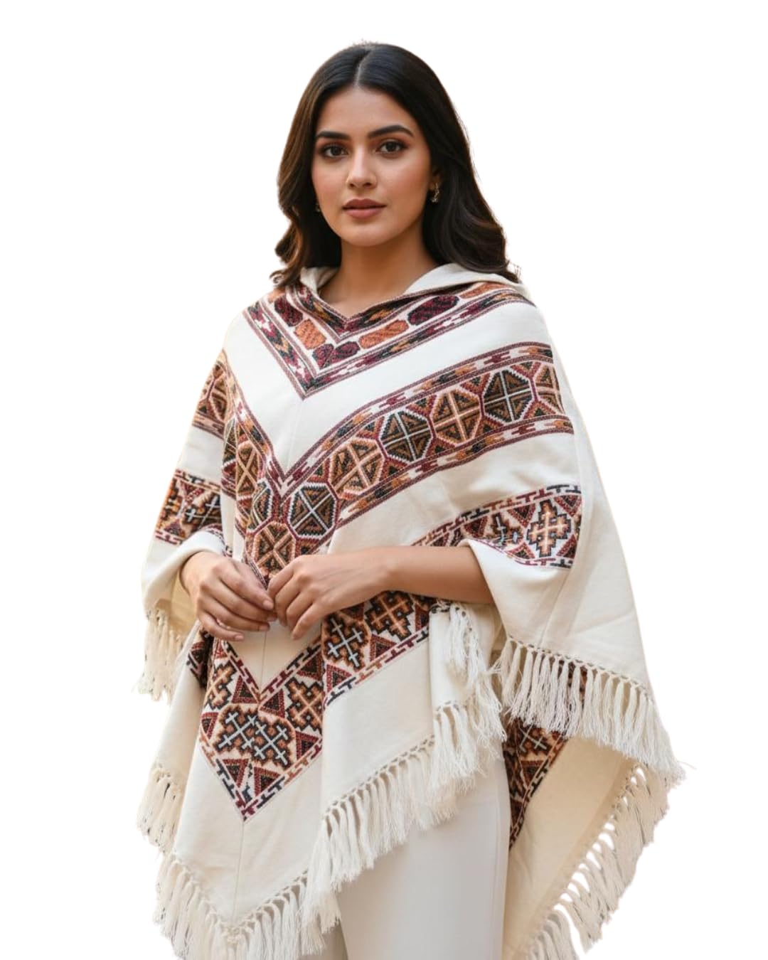 Vimons Woolen Girls' Poncho, Cream with Geometric Pattern, Wool-picture-11