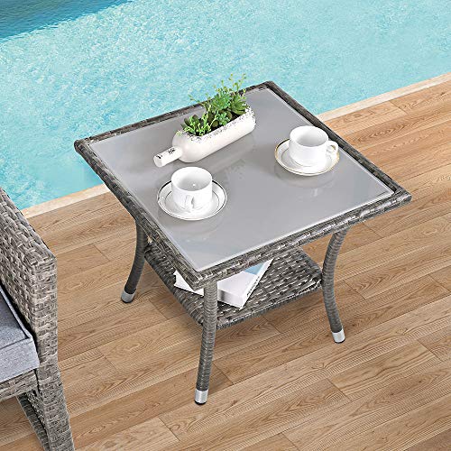 Super Patio Outdoor Wicker End Table, Patio Rattan Side Table, Square