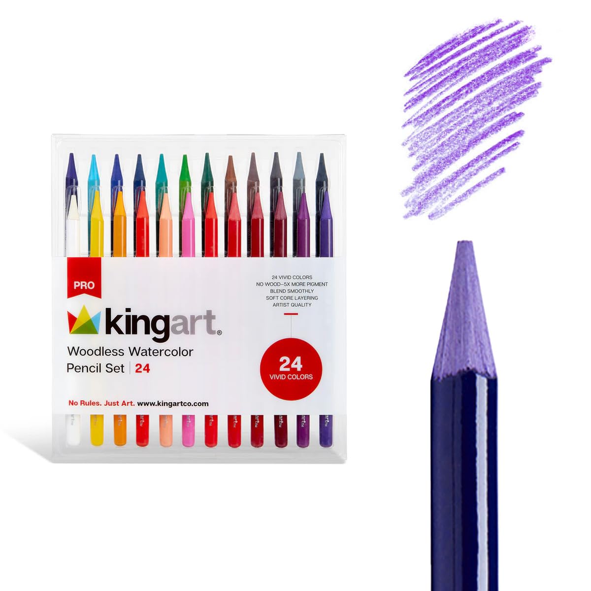 315-24 Pro Artist Quality 24 Ct. Woodless Watercolor Pencil Set, 24 Soft Core, Pre-Sharpened Crayon Style Art Pencils, Use Wet or Dry, Professional to Beginner