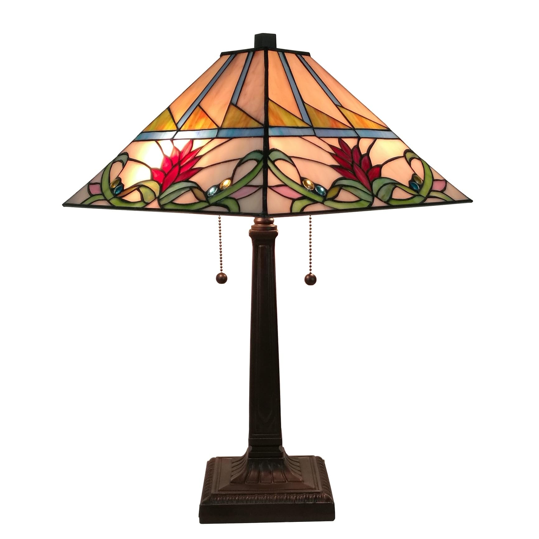 Tiffany Style Table Lamp Banker Mission 22" Tall Stained Glass Tan Green Blue Red Floral Flower Vintage Antique Light Décor Living Room Bedroom Handmade Gift AM311TL14 Amora Lighting, 14 Inches Wide