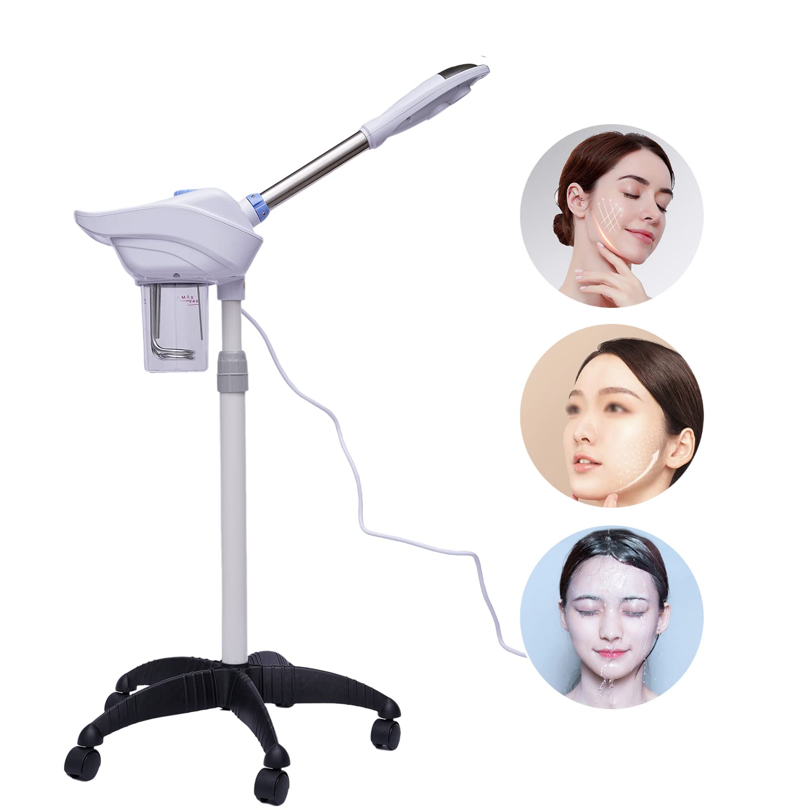 Gesichtsdampfer auf Rädern Digital Bedampfer Gesichtssauna Verdampfe 360 ° Drehbare DüSe für Haushalte Schönheitssalons Spas Weiß