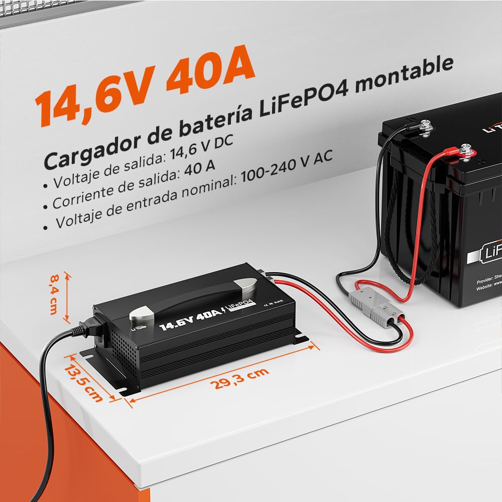 LiTime Cargador de Batería 40A LiFePO4 Litio 14.6V - Cargador Inteligente para Baterías LiFePO4 12V/12.8V – con Indicador LED, Interruptor de Encendido/Apagado y Conector Anderson (CA-CC)
