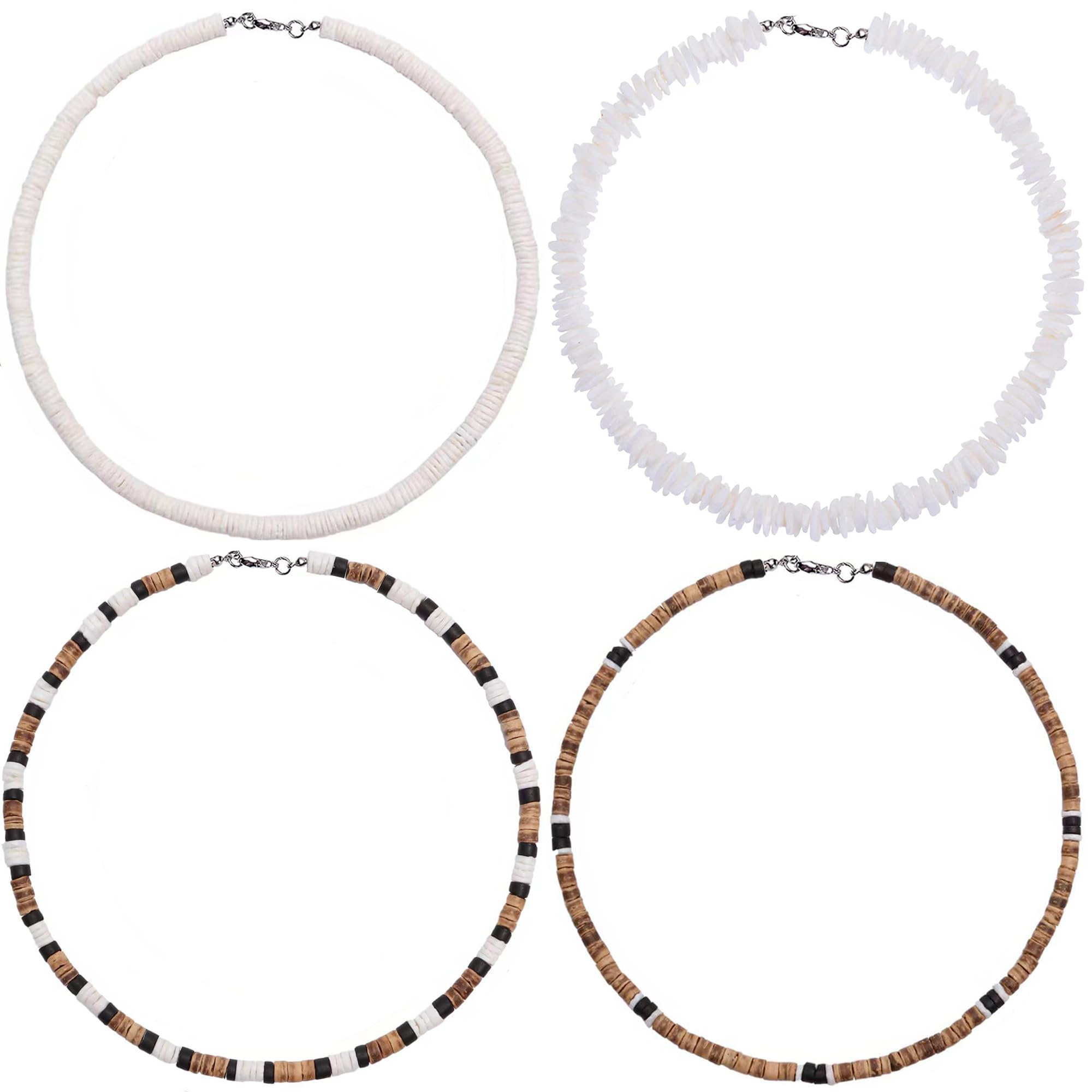 WAINIS4Pcs Shell Surfer Necklaces for Men White Puka Shell Necklace Summer Beach Seashell Necklace Coconut Beads Hawaiian Pooka Choker