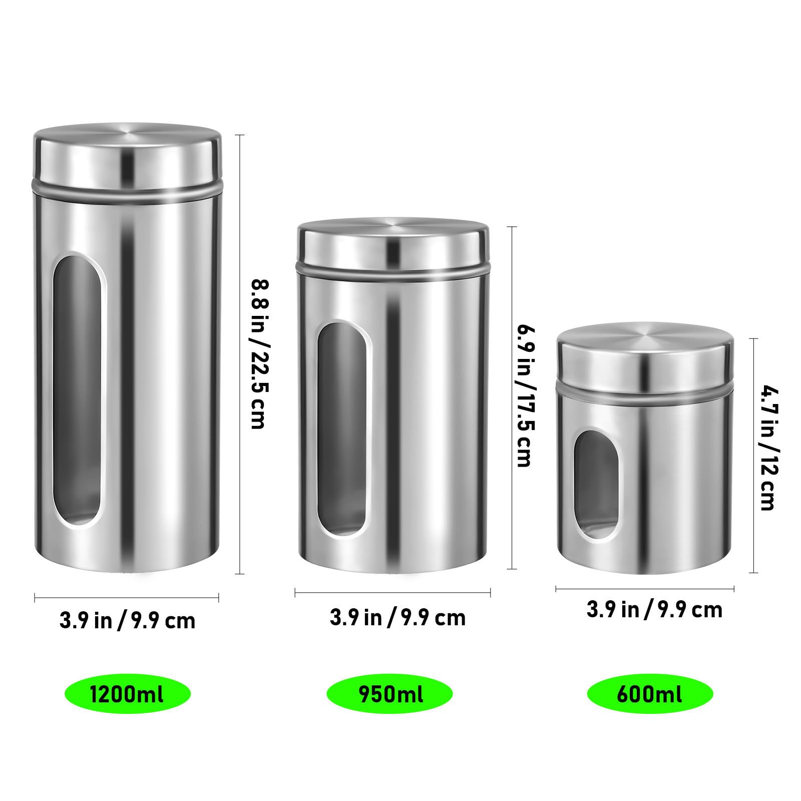 Abaodam Set de 3 recipientes para cocina en acero inoxidable y vidrio, capacidad de 600ml a 1200ml, para mantener frescura de especias y alimentos, uso en tienda y restaurante