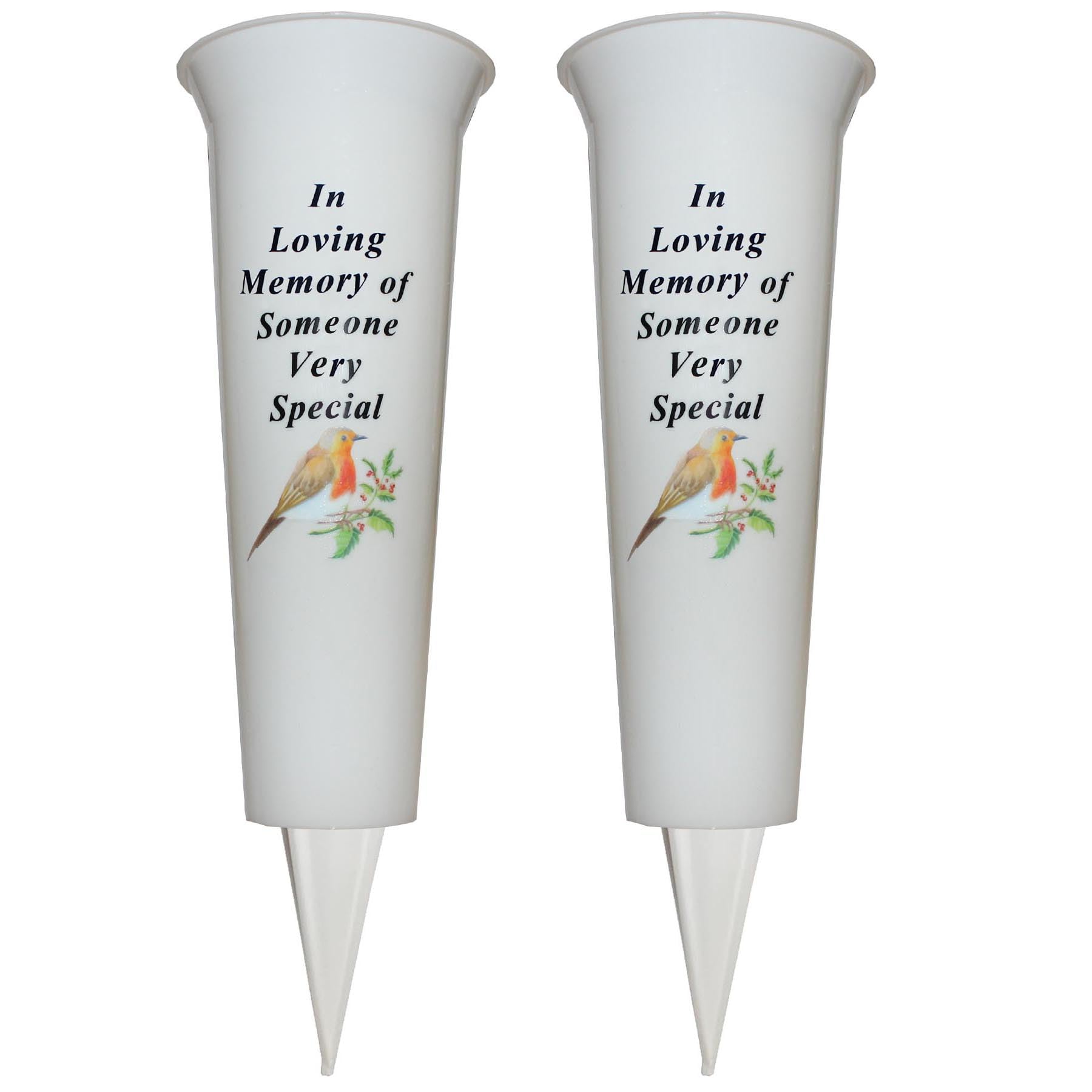 Widdle Gifts Someone Special Set Of 2 Memorial Grave Flower Pot - 33Cm Tall Sturdy White Memorial Graveside Flower Vase With Spike And Robin Image (Someone Special)