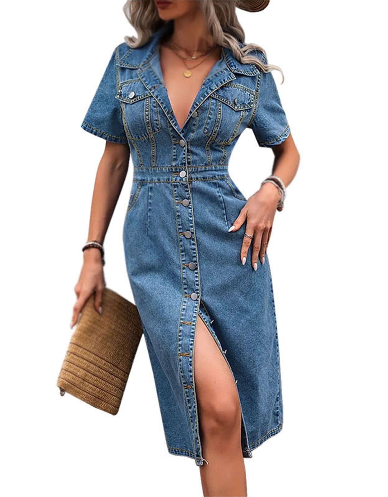 Vestido Camisero de Mezclilla for Mujer,Vestido Largo de Mezclilla Midi con Botones Casuales