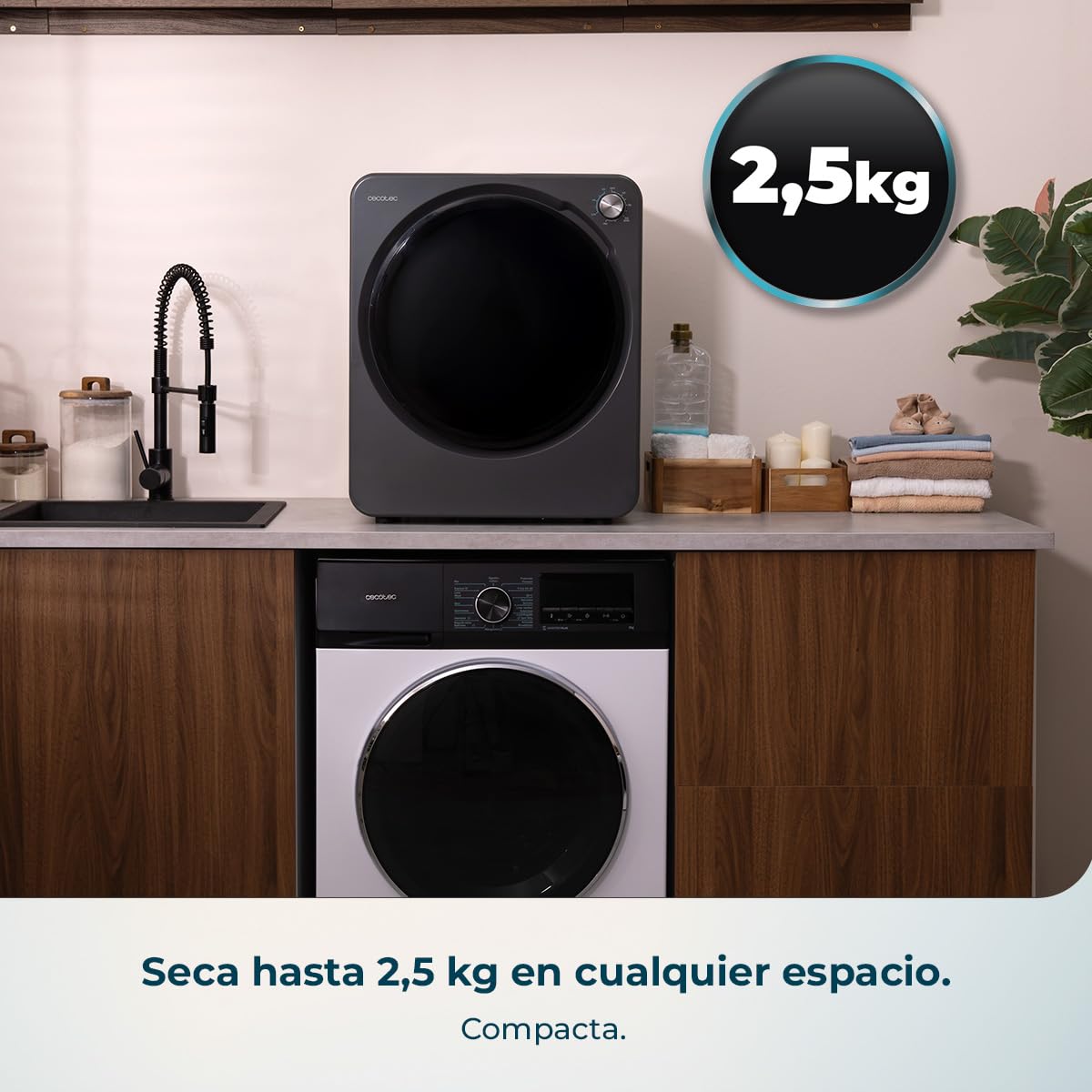 Cecotec Mini Secadora de Evacuación 2,5Kg Bolero DressCode Dry 3150V Dark. 950W, 6 Programas, Programa ECO, Control Knob Intuitivo, Secado Rápido y Eficiente, Ideal Espacios Pequeños, Acero - 3